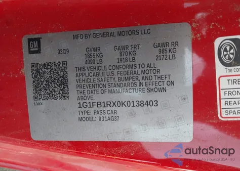 2019 Chevrolet Camaro 1Lt from USA, damaged, VIN 1G1FB1RX0K0138403